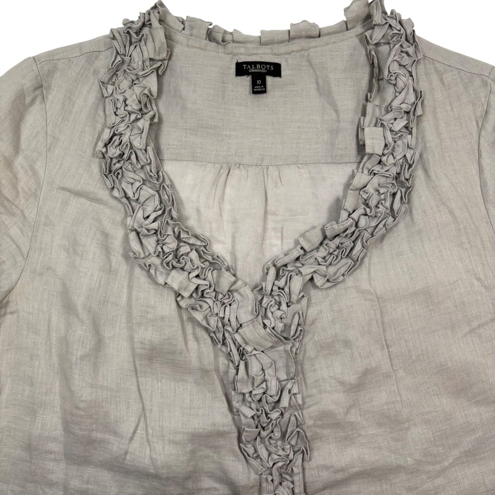 Talbots Women 10 Blouse Gray Linen Ruffle V-Neck Short Sleeve Top Office Neutral